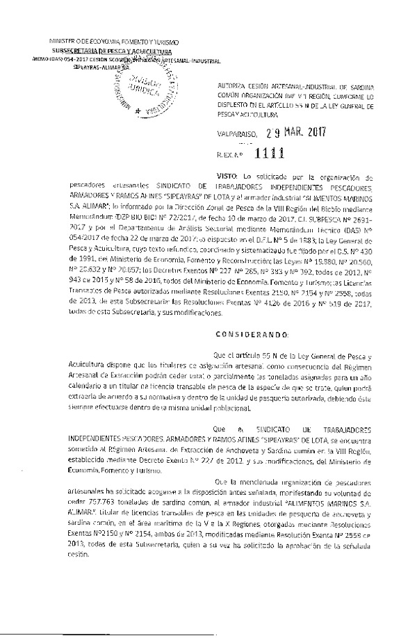 Res. Ex. N° 1111-2017 Autoriza Cesión sardina común, VIII Región.