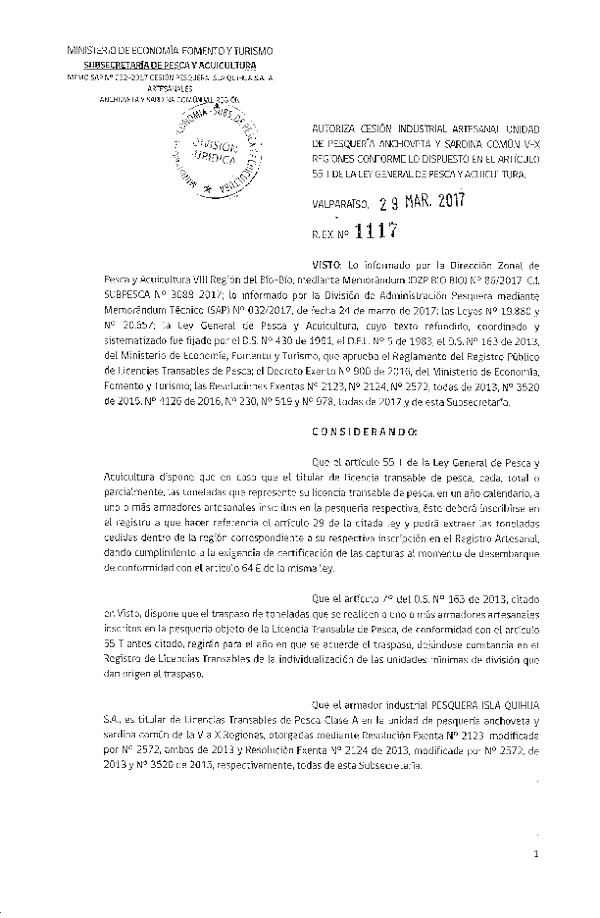 Res. Ex. N° 1117-2017 Autoriza cesión anchoveta y sardina común, VIII Región.