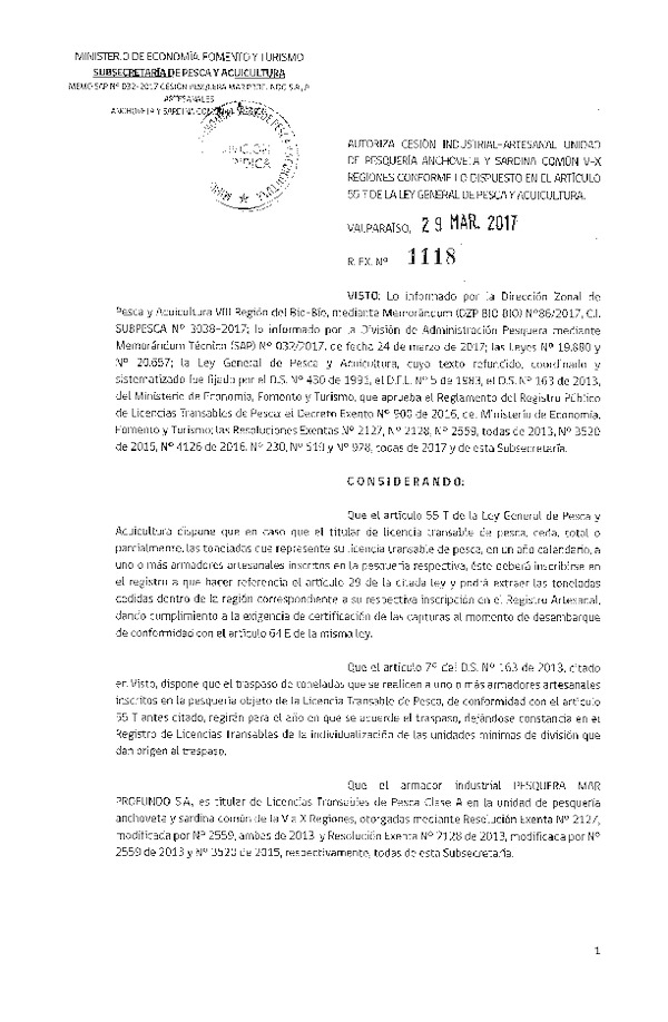 Res. Ex. N° 1118-2017 Autoriza cesión anchoveta y sardina común, VIII Región.