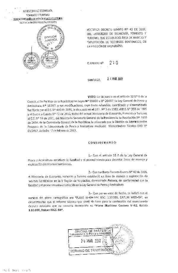 Dec. Ex. N° 210-2017 Modifica Dec. Ex. N° 42-2016 Establece Áreas de Manejo y Explotación de Recursos Bentónicos Polcura, V Región. (F.D.O. 30-03-2017)