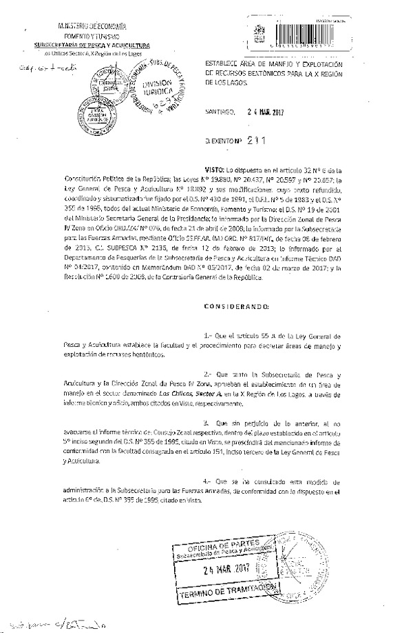 Dec. Ex. N° 211-2017 Establece Áreas de Manejo y Explotación de Recursos Bentónicos Los Chilcos Sector A, X Región. (F.D.O. 30-03-2017)