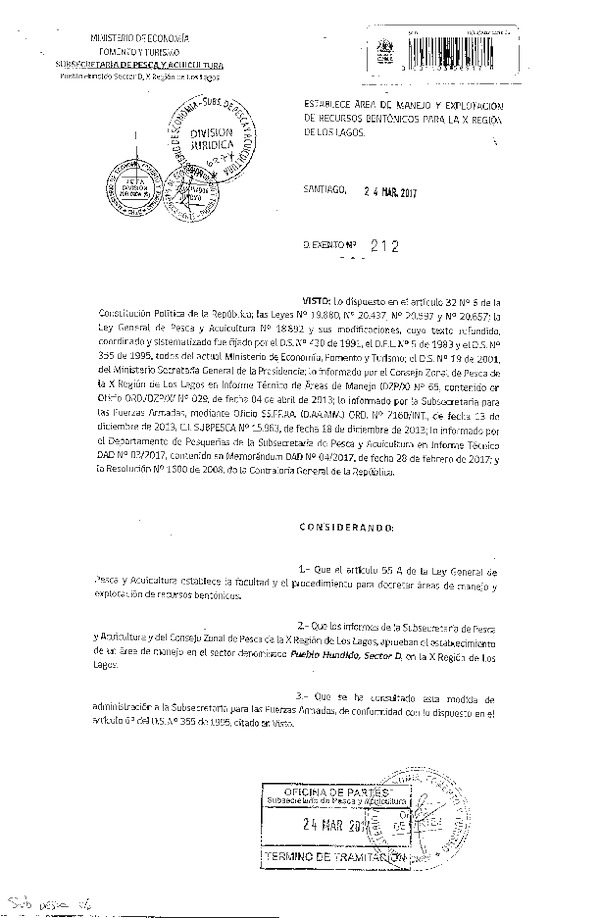 Dec. Ex. N° 212-2017 Establece Áreas de Manejo y Explotación de Recursos Bentónicos Pueblo Hundido Sector D, X Región. (F.D.O. 30-03-2017)