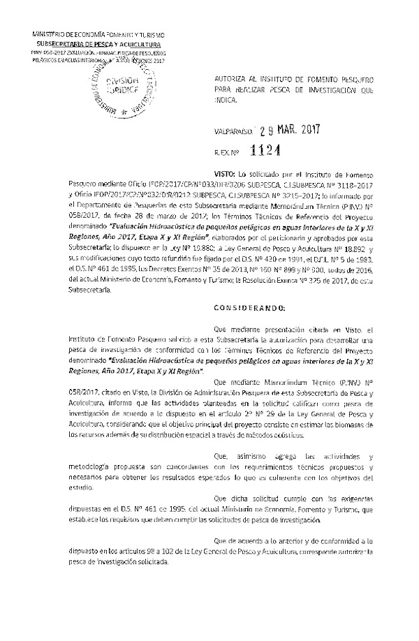 Res. Ex. N° 1124-2017 Evaluación hidroacústica de pequeños pelágicos en aguas interiores de la X-XI Regiones, año 2017.