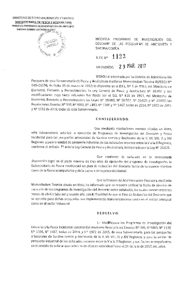 Res. Ex. N° 1123-2017 Modifica Programas de Investigación del Descarte de las Pesquerías de Anchoveta y Sardina común. (Publicado en Página Web 30-03-2017)