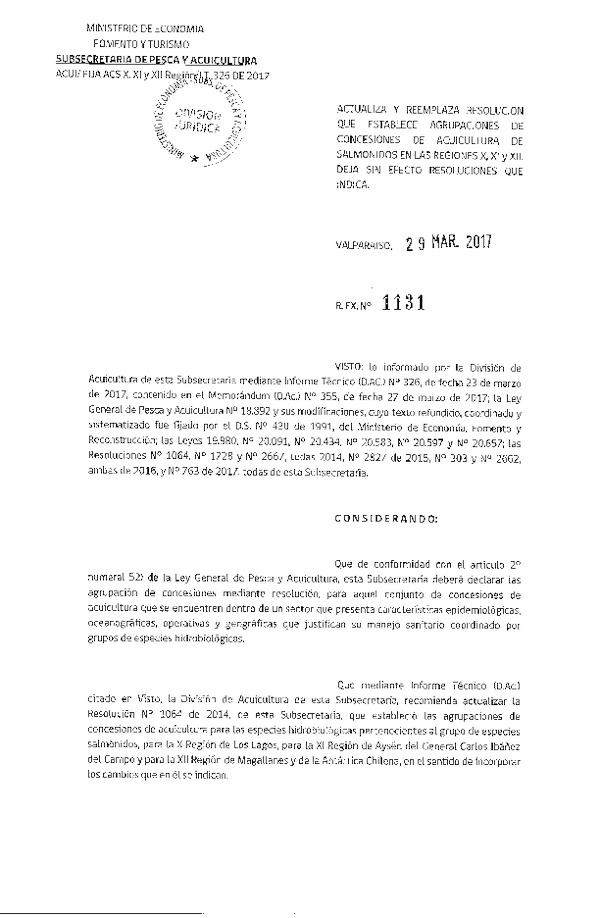 Res. Ex. N° 1131-2017 Actualiza y Reemplaza Resolución que Establece Agrupaciones de Concesiones de Acuicultura de Salmónidos en las Regiones X, XI y XII. Deja sin Efecto Resoluciones que Indica.