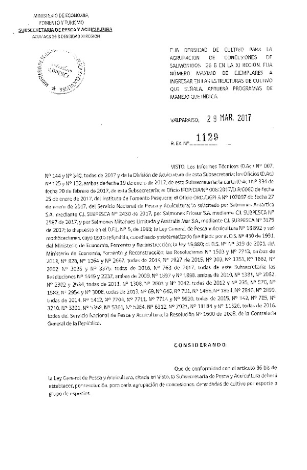 Res. Ex. N° 1129-2017 Fija densidad de cultivo para la agrupación de concesiones de salmónidos 26 B. (Con Informe Técnico)(Publicado en Página Web 31-03-2017)