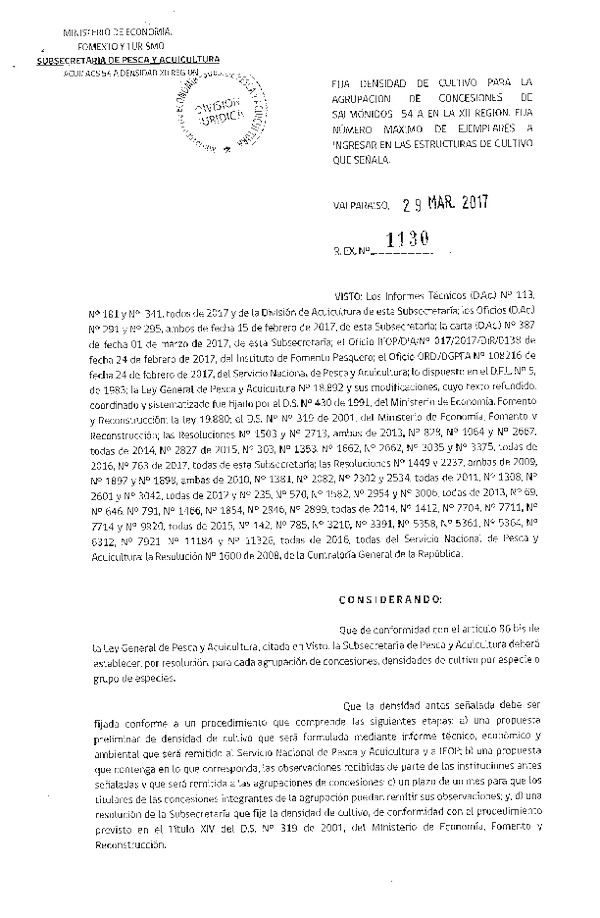 Res. Ex. N° 1130-2017 Fija densidad de cultivo para la agrupación de concesiones de salmónidos 54 A XII Región. (Con Informe Técnico)(Publicado en Página Web 31-03-2017)