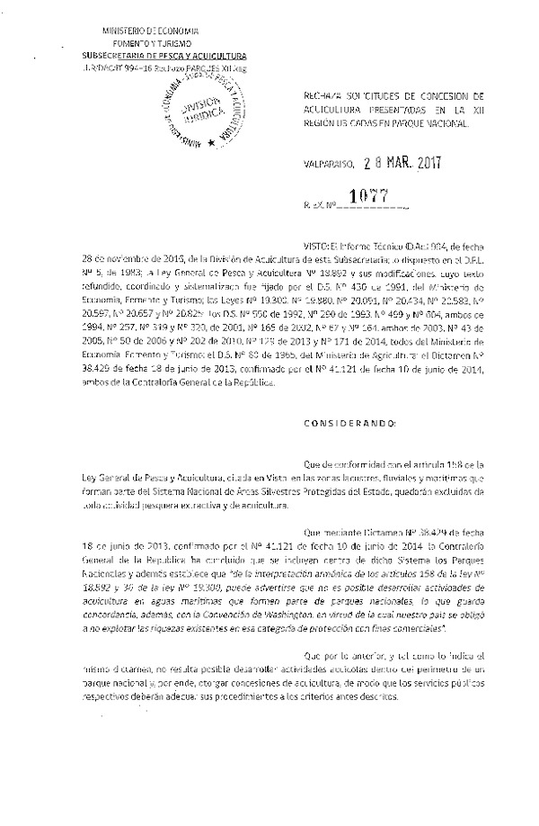 Res. Ex. N° 1077-2017 Rechaza solicitudes de concesión de acuicultura presentadas en la XII Región. (Con Informe Técnico)