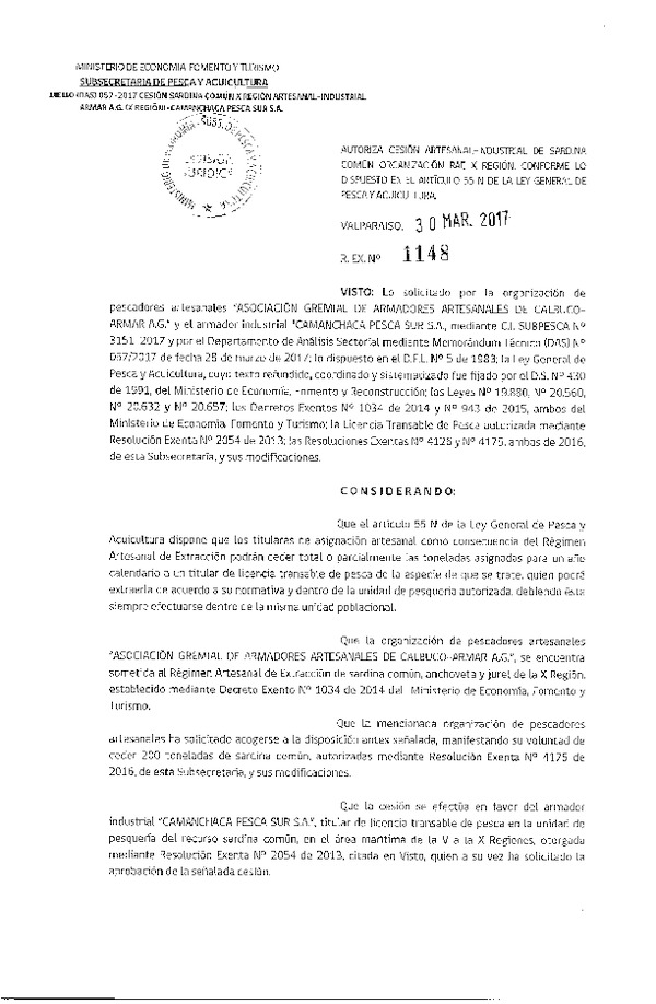 Res. Ex. N° 1148-2017 Autoriza cesión sardina común, X Región.