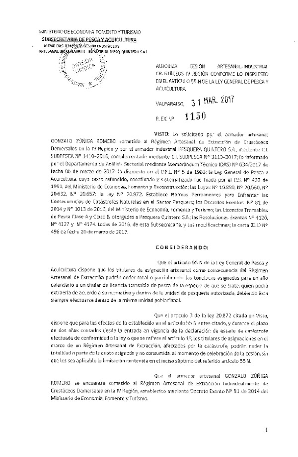 Res. Ex. N° 1150-2017 Autoriza cesión crustáceos IV Región.