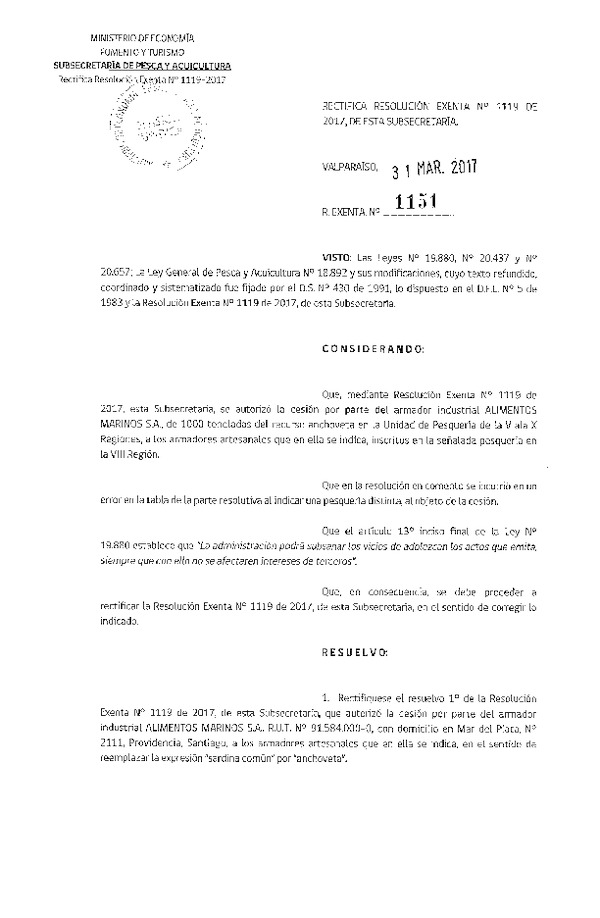 Res. Ex. N° 1151-2017 Rectifica Res. Ex. N° 1119-2017 Autoriza cesión anchoveta, VIII Región.