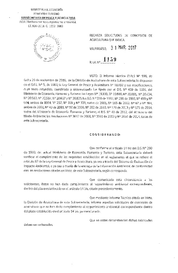 Res. Ex. N° 1159-2017 Rechaza solicitudes de concesión de acuicultura que indica.