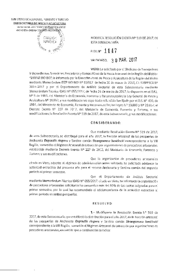 Res. Ex. N° 1147-2017 Modifica Res. Ex. N° 519-2017 Distribución de la fracción Artesanal de Pesquería de Anchoveta y Sardina común en la VIII Región, año 2017 (Publicado en Página Web 03-04-2017)