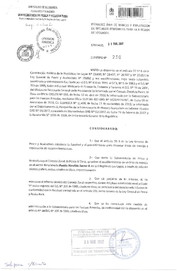 Dec. Ex. N° 230-2017 Establece Áreas de Manejo y Explotación de Recursos Bentónicos Pueblo Hundido Sector A, X Región. (Publicado en Página Web 04-04-2017)