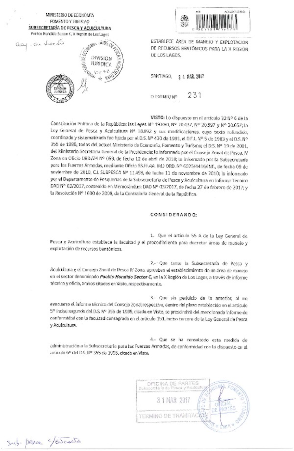 Dec. Ex. N° 231-2017 Establece Áreas de Manejo y Explotación de Recursos Bentónicos Pueblo Hundido Sector C, X Región. (Publicado en Página Web 04-04-2017)