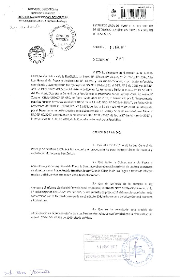 Dec. Ex. N° 231-2017 Establece Áreas de Manejo y Explotación de Recursos Bentónicos Pueblo Hundido Sector C, X Región. (Publicado en Página Web 04-04-2017)