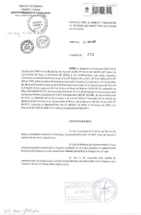 Dec. Ex. N° 232-2017 Establece Áreas de Manejo y Explotación de Recursos Bentónicos Chaicas Sector B, X Región. (Publicado en Página Web 04-04-2017)