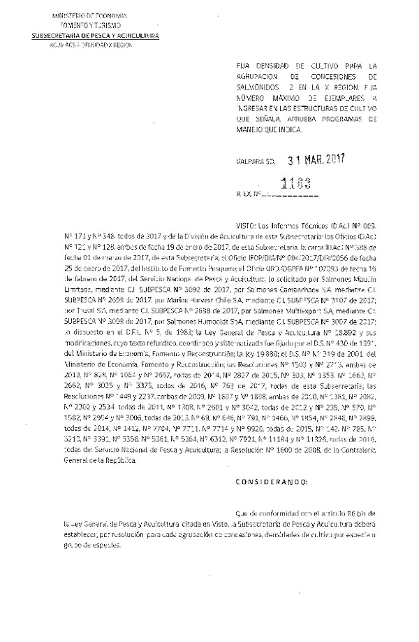 Res. Ex. N° 1163-2017 Fija Densidad de Cultivo para la Agrupación de Concesiones de Salmónidos 2, X Región. Aprueba Programas de Manejo que Indica. (Publicado en Página Web 04-04-2017)