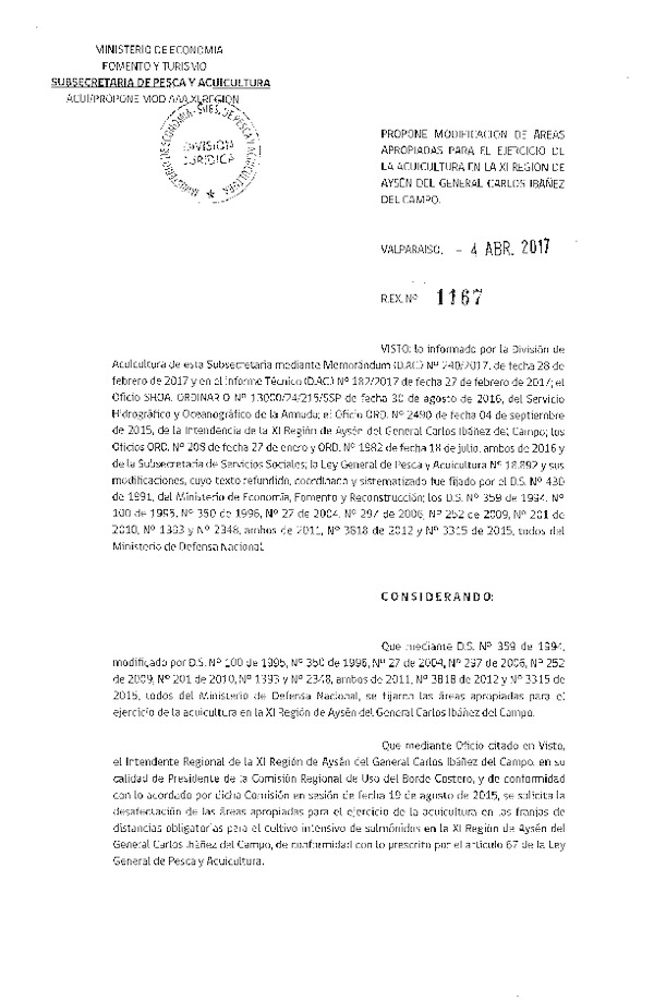 Res. Ex. N° 1167-2017 Propone Modificación de Áreas Apropiadas para el Ejercicio de la Acuicultura en la XI Región. (Publicado en Página web 05-04-2017)