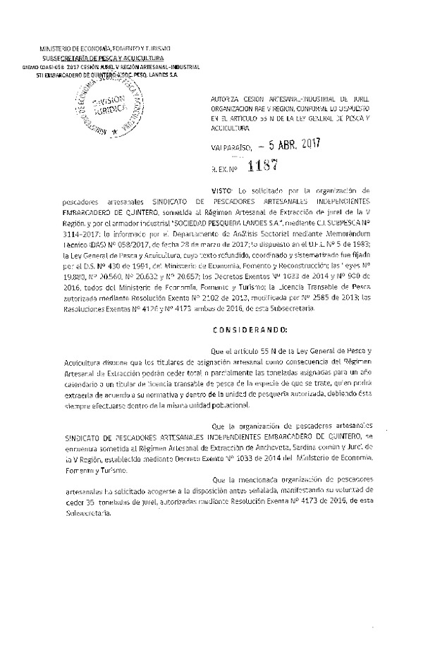 Res. Ex. N° 1187-2017 Autoriza cesión jurel, V Región.