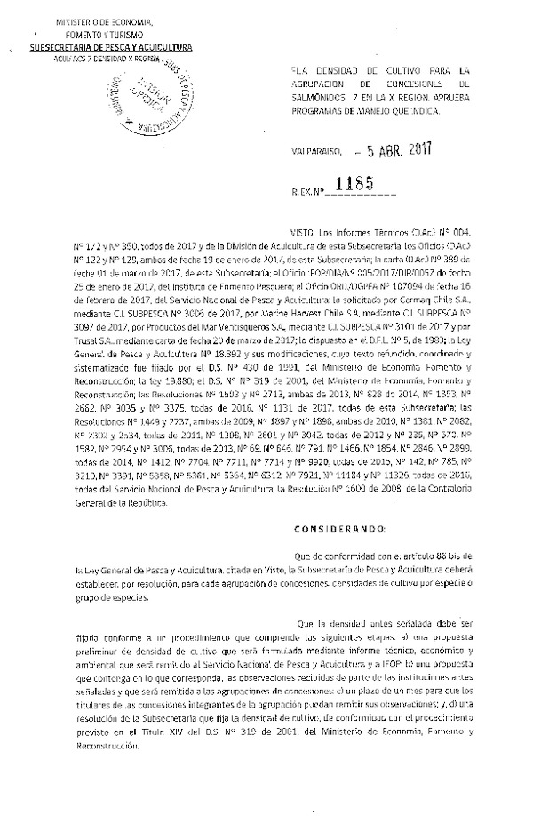 Res. Ex. N° 1185-2017 Fija Densidad de Cultivo para la Agrupación de Concesiones de Salmónidos 7, X Región. Aprueba Programa de Manejo que Indica. (Publicado en Página Web 06-04-2017)