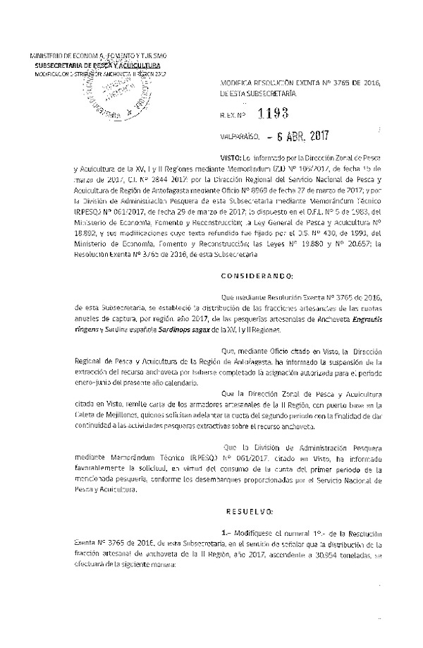 Res. Ex. N° 1193-2017 Modifica Res. Ex. N° 3765-2016 Establece Distribución de las Fracciones Artesanales de Anchoveta y Sardina Española XV-II Regiones, Por Región, Año 2017. (Publicado en Página Web 06-04-2017)