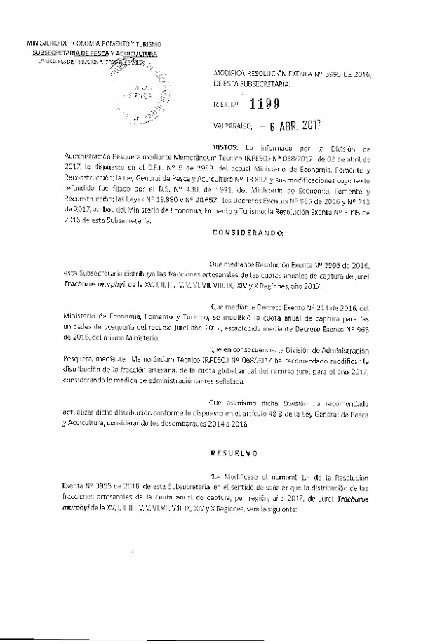 Res. Ex. N° 1199-2017 Modifica Res. Ex. N° 3995-2016 Establece Distribución de las Fracciones Artesanales de Jurel XV-X Regiones, por Región, Año 2017. (Publicado en Página Web 06-04-2017)