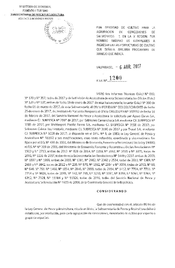 Res. Ex. N° 1200-2017 Fija Densidad de Cultivo para la Agrupación de Concesiones de Salmónidos 1, X Región. Aprueba Programa de Manejo que Indica. (Con Informe Técnico) (Publicado en Página Web 07-04-2017)