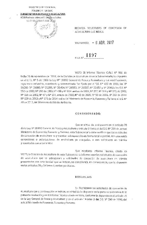 Res. Ex. N° 1197-2017 Rechaza solicitudes de concesión de acuicultura que indica.