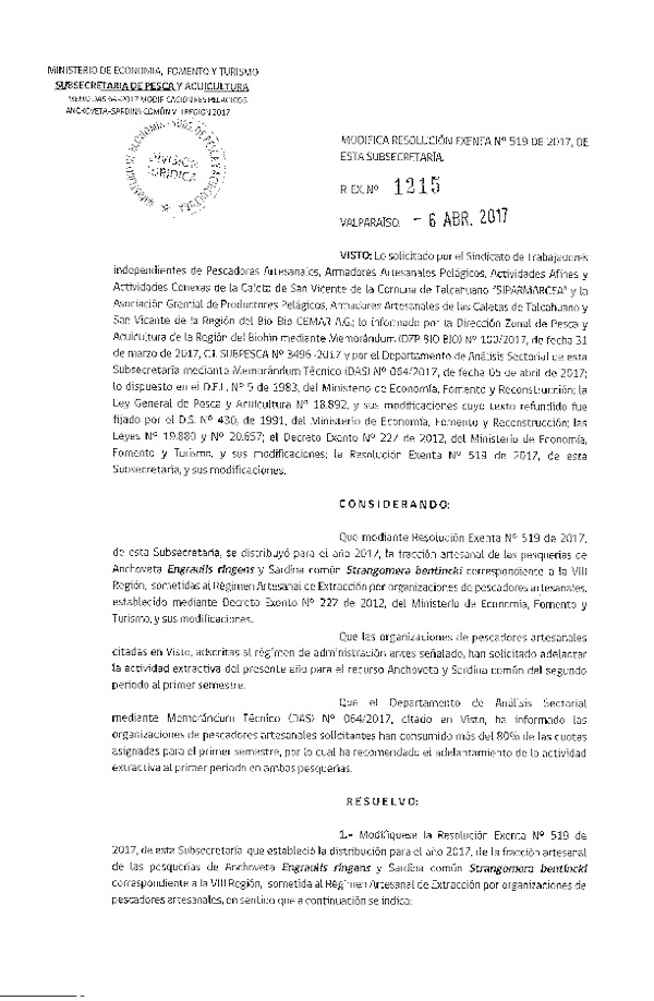 Res. Ex. N° 1215-2017 Modifica Res. Ex. N° 519-2017 Distribución de la fracción Artesanal de Pesquería de Anchoveta y Sardina común en la VIII Región, año 2017 (Publicado en Página Web 10-04-2017)