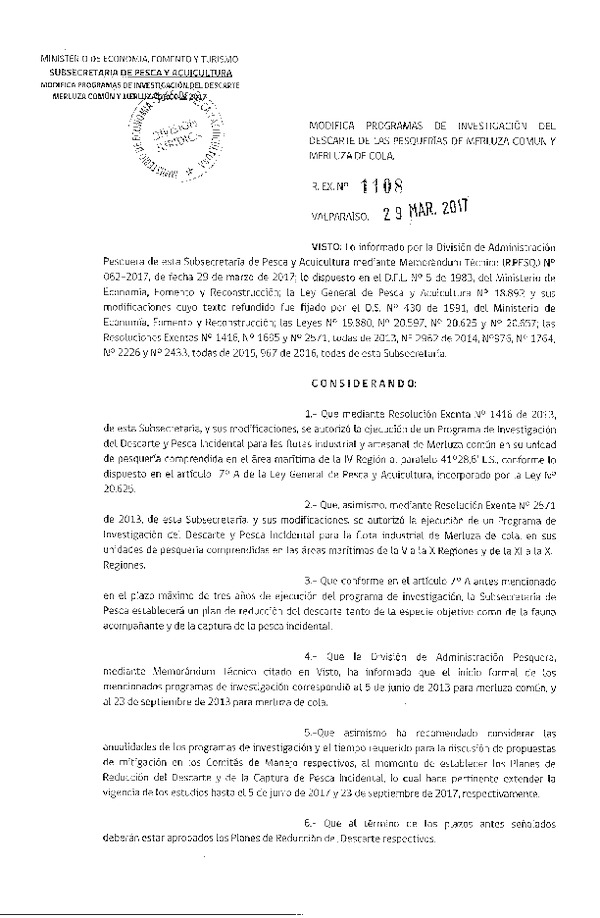 Res. Ex. N° 1108-2017 Modifica Resol. Ex. N° 1416-2013 Programa Investigación del Descarte Merluza común y su fauna acompañante. (Publicado en Página Web 11-04-2017)