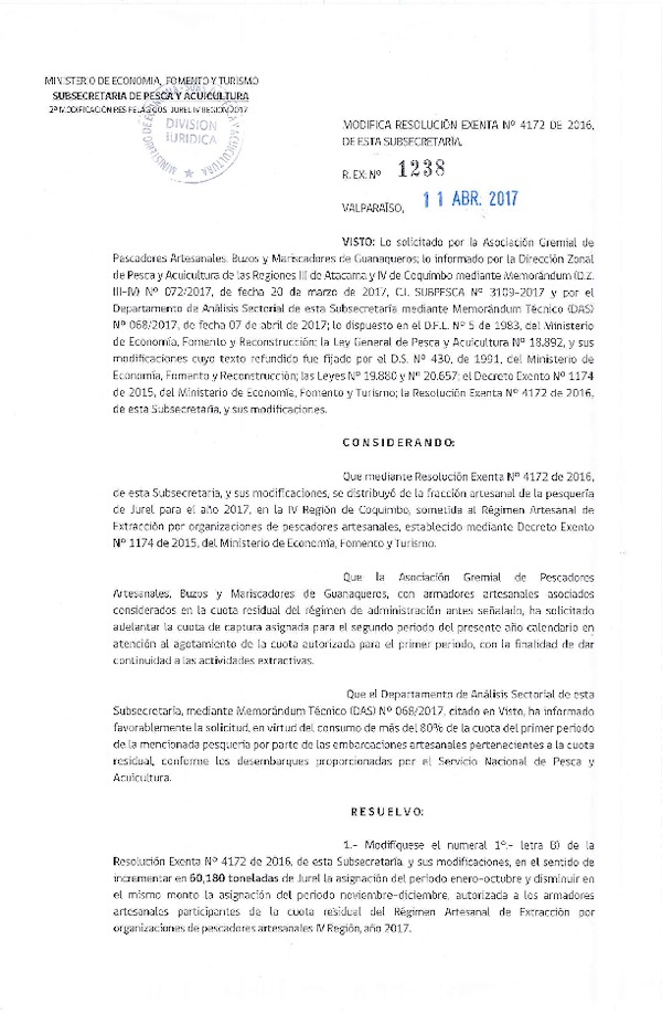 Res. Ex. N° 1238-2017 Modifica Res. Ex. N° 4172-2016 Distribución de la Fracción Artesanal de Pesquería de Anchoveta y Jurel en la IV Región, Año 2017. (Publicado en Página Web 11-04-2017)