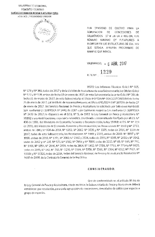 Res. Ex. N° 1229-2017 Fija Densidad de Cultivo para la Agrupación de Concesiones de Salmónidos 17 B, X Región. Aprueba Programa de Manejo que Indica. (Con Informe Técnico) (Publicado en Página Web 12-04-2017)