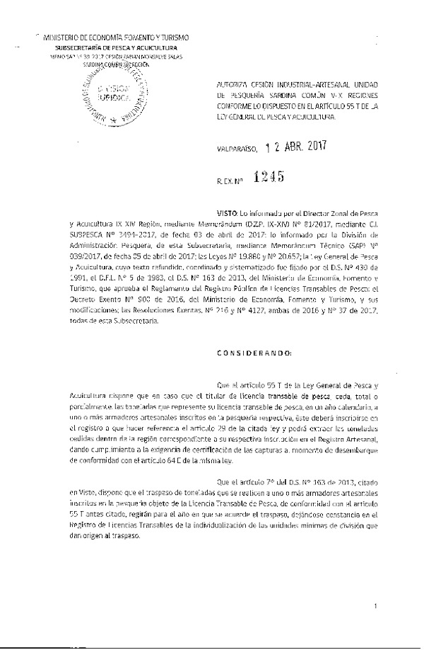 Res. Ex. N° 1245-2017 Autoriza cesión sardina común, XIV Región.
