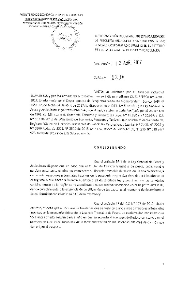 Res. Ex. N° 1248-2017 Autoriza cesión anchoveta y sardina común, XIV Región.