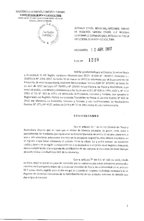 Res. Ex. N° 1249-2017 Autoriza cesión sardina común, XIV Región.