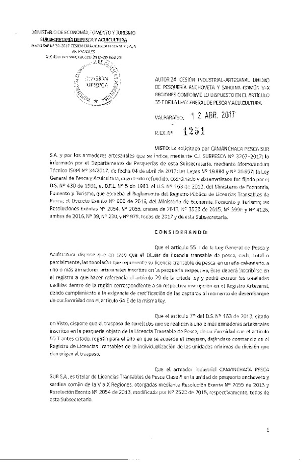 Res. Ex. N° 1251-2017 Autoriza cesión anchoveta y sardina común, IV a XIV Región.