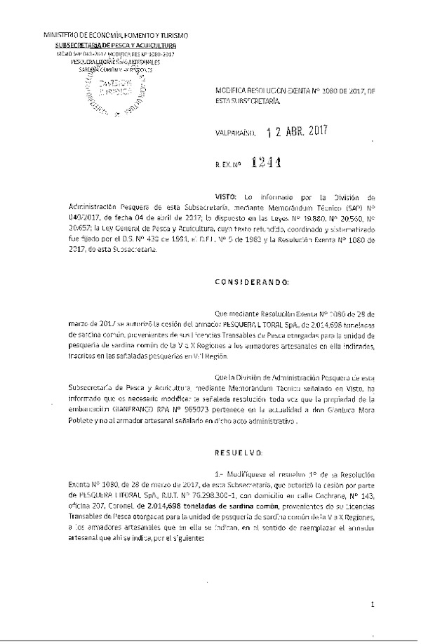 Res. Ex. N° 1244-2017 Modifica Res. Ex. N° 1080-2017 Autoriza cesión sardina común, VIII Región.