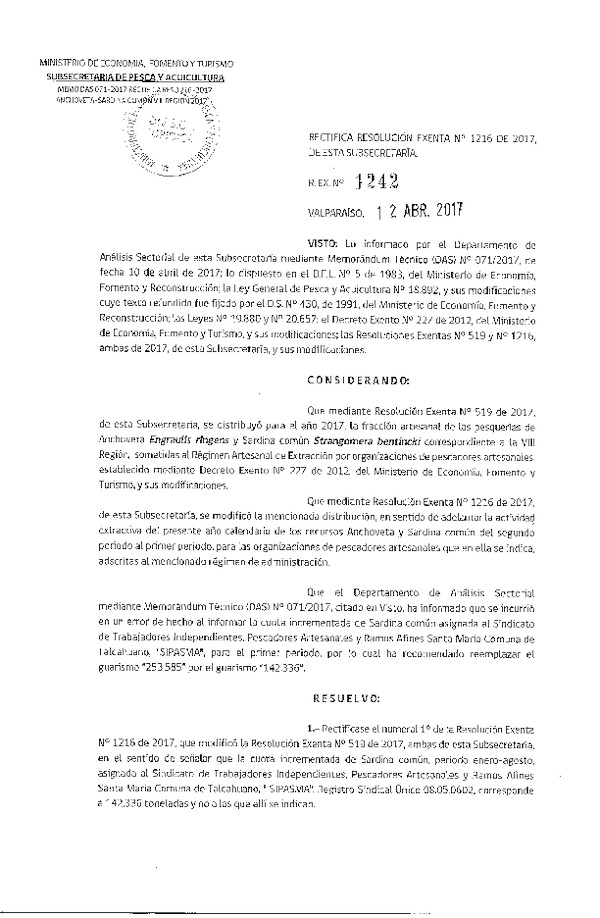 Res. Ex. N° 1242-2017 Rectifica Res. Ex. N° 1216-2017 que Modificó Res. Ex. N° 519-2017 Distribución de la fracción Artesanal de Pesquería de Anchoveta y Sardina común en la VIII Región, año 2017 (Publicado en Página Web 13-04-2017)