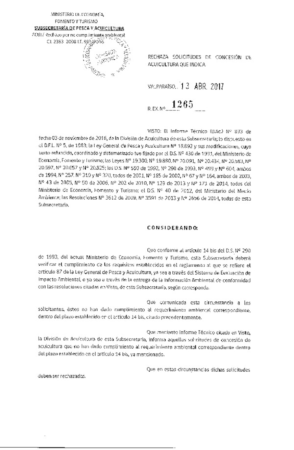 Res. Ex. N° 1265-2017 Rechaza solicitudes de concesión de acuicultura que indica.