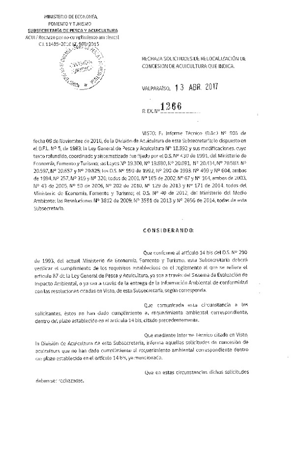 Res. Ex. N° 1266-2017 Rechaza solicitudes de relocalización de concesión de acuicultura que indica.