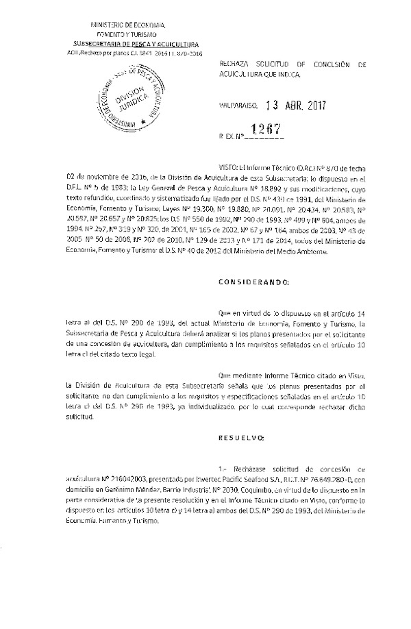 Res. Ex. N° 1267-2017 Rechaza solicitud de concesión de acuicultura que indica.