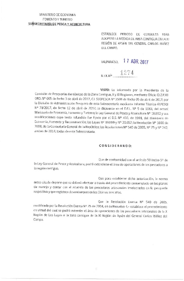 Res. Ex. N° 1274-2017 Establece Período de Consulta para Adoptar la Medida de Área Contigua en la XI Región. (Publicado en Página Web 18-04-2017)