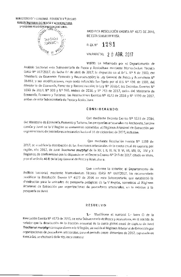 Res. Ex. N° 1281-2017 Modifica Res. Ex. N° 4173-2016 Distribución de la Fracción Artesanal Pesquería de Anchoveta, Sardina Común y jurel, V Región, Año 2017. (Publicado en Página Web 24-04-2017)