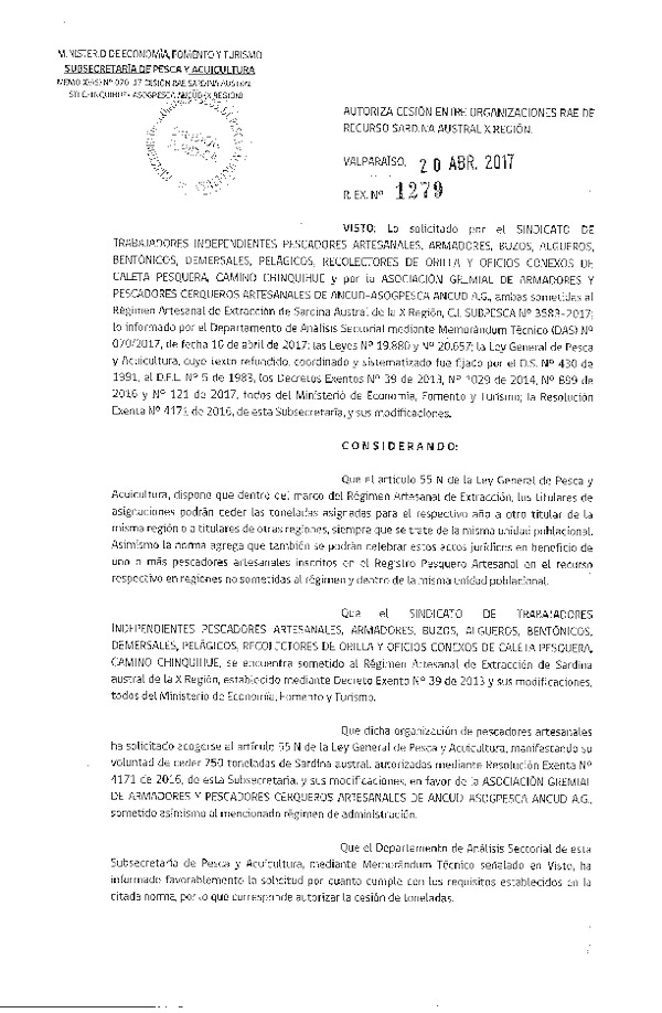 Res. Ex. N° 1279-2017 Autoriza cesión Sardina austral, X Región.