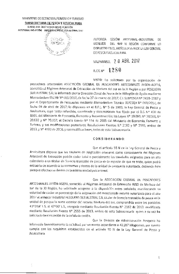 Res. Ex. N° 1280-2017 Cesión Merluza del sur XI Región.