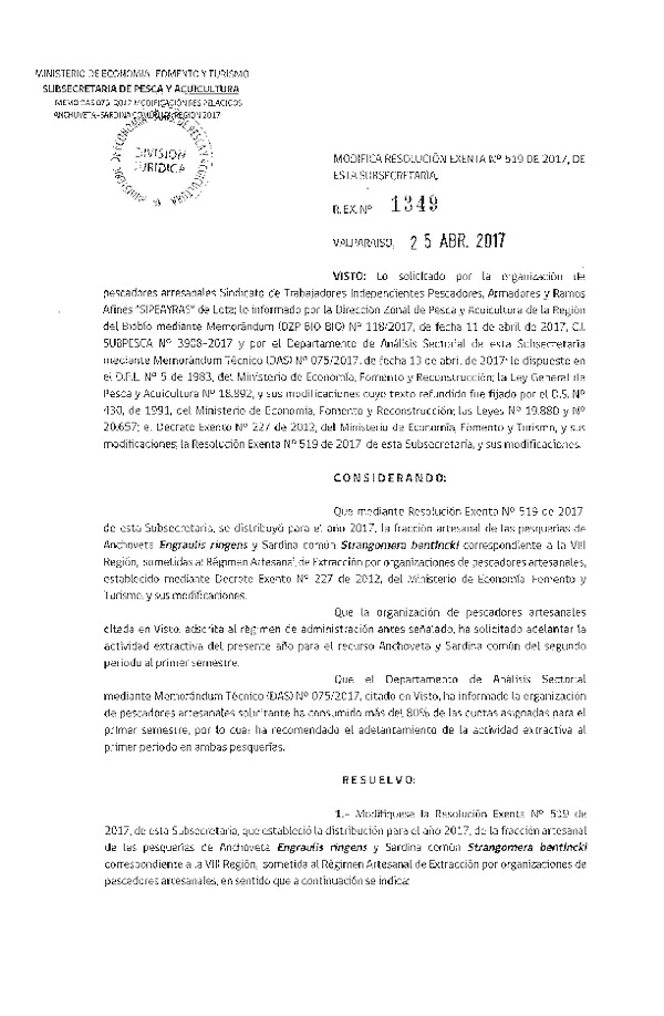 Res. Ex. N° 1349-2017 Modifica Res. Ex. N° 519-2017 Distribución de la fracción Artesanal de Pesquería de Anchoveta y Sardina común en la VIII Región, año 2017 (Publicado en Página Web 25-04-2017)