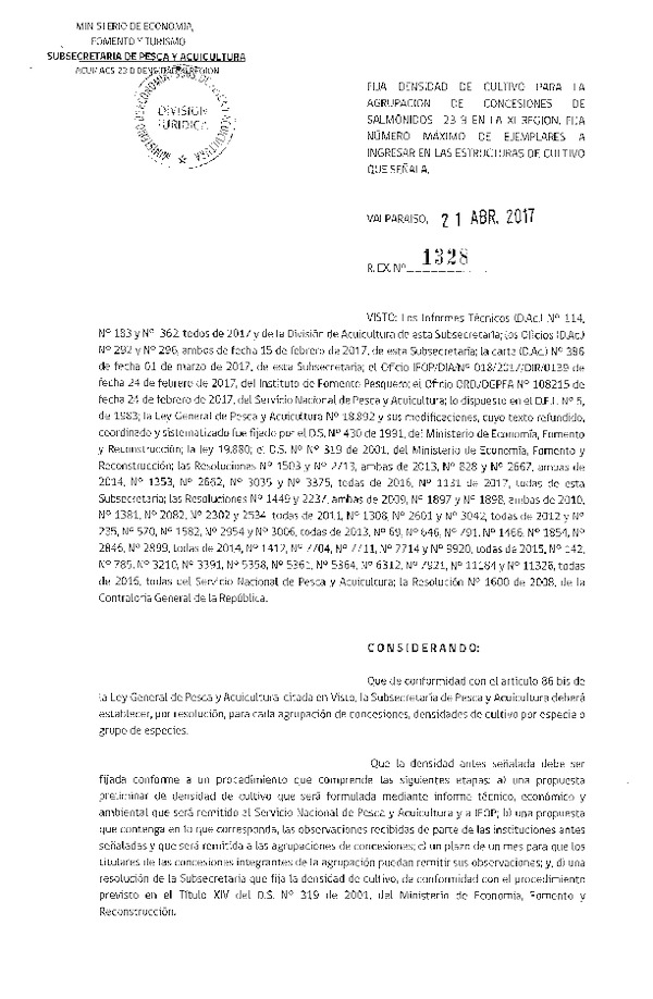 Res. Ex. N° 1328-2017 Fija Densidad de Cultivo para la Agrupación de Concesiones de Salmónidos 23 b, XI Región. (Con Informe Técnico) (Publicado en Página Web 25-04-2017)