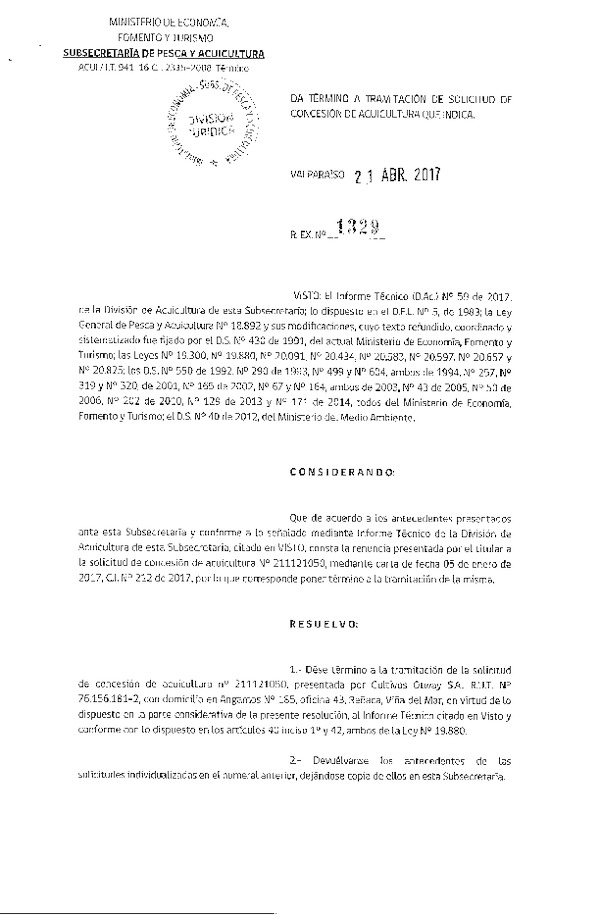 Res. Ex. N° 1329-2017 Da termino a procedimiento de solicitud de concesión de acuicultura que indica.