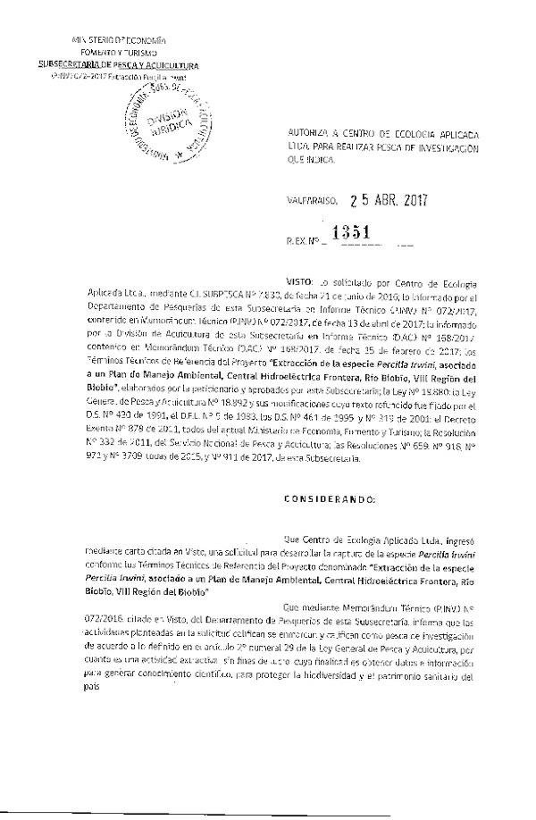 Res. Ex. N° 1351-2017 Extracción de la especie Percilia Irwini, río Biobío, VIII Región.